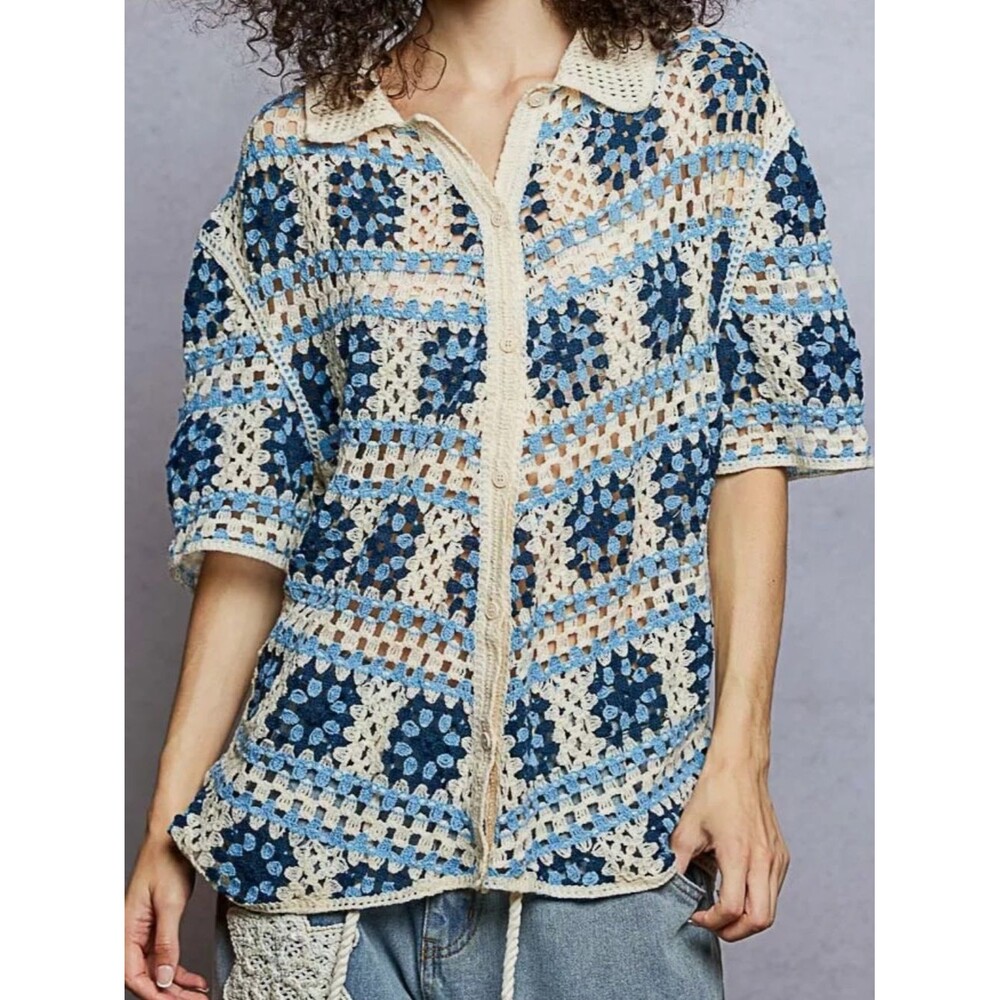 POL Open-Knit Crochet top in Navy, Light Blue & Cream